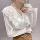 Women Summer Petal Sleeve Hollow Out Flower Lace Patchwork Shirt Slim Elegant Female Versatile Blouse Chic Button Top