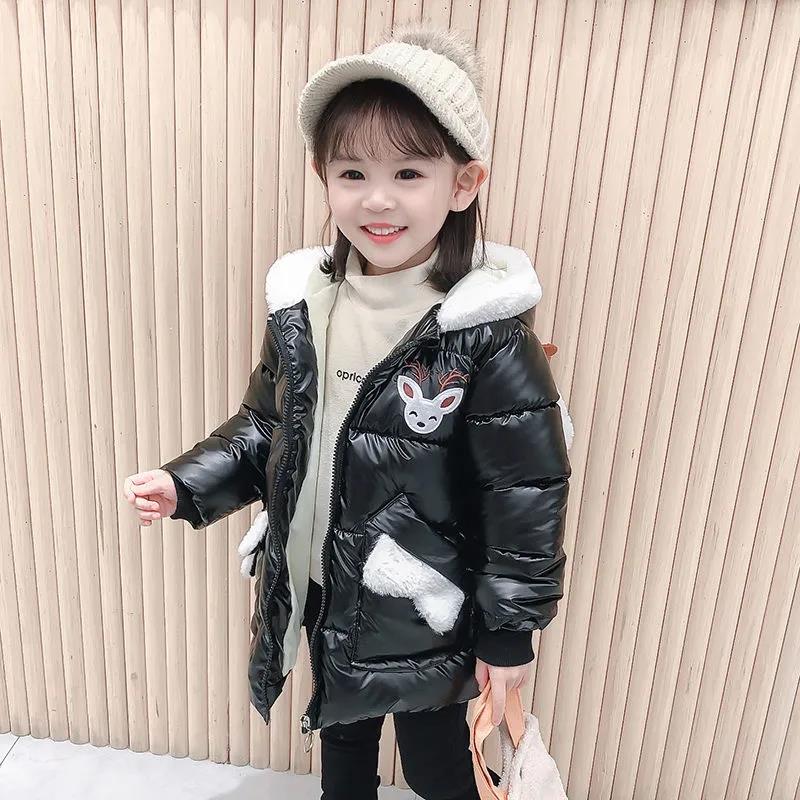 Girls' Cotton-padded Clothes Winter Clothes Rabbit Ears Hooded Jacket Children's Clothes Cute Mid-length Girls' Thicken Cotton-padded Jackets