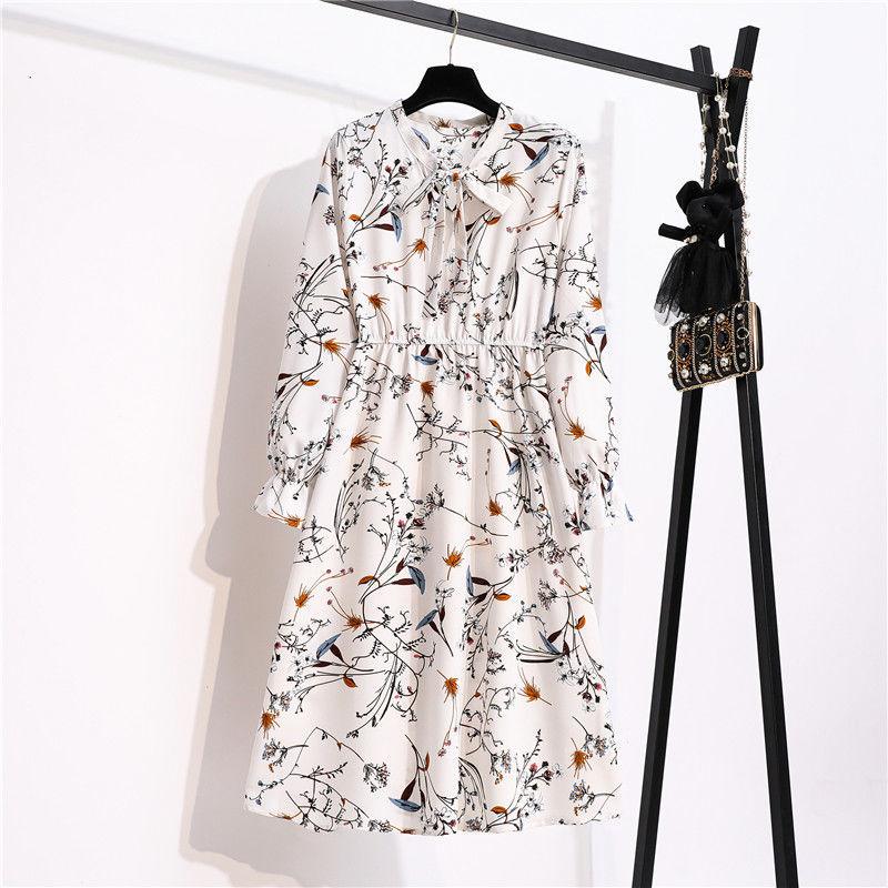 Women's Chiffon Dress Female Vintage Floral Printed Long Sleeve Bow Midi Dresses Spring Autumn Flare Sleeve