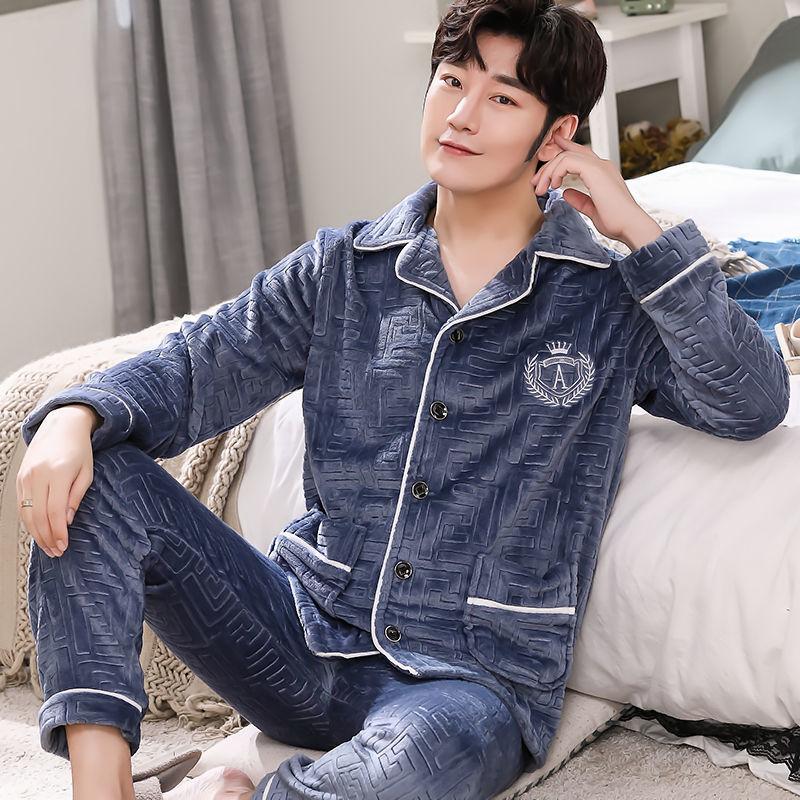 Pajamas Men's Winter Coral Velvet Thickened Plus Velvet Warm Spring, Autumn and Winter Men's Flannel Home Service Suit