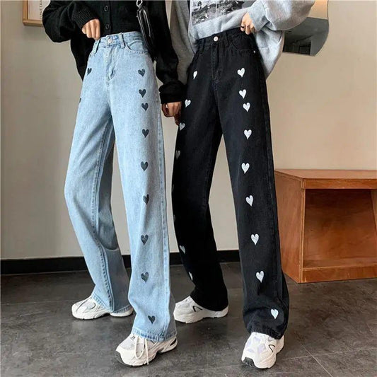 WTEMPO Heart-shaped Women's High Loose Casual Washed Denim Waist Wide Leg Pants Straight-leg Pants Super Long