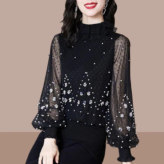 Bottoming Shirt Women's Spring and Summer Loose Large Size Foreign Style Beaded Mesh Long-sleeved T-shirt Top