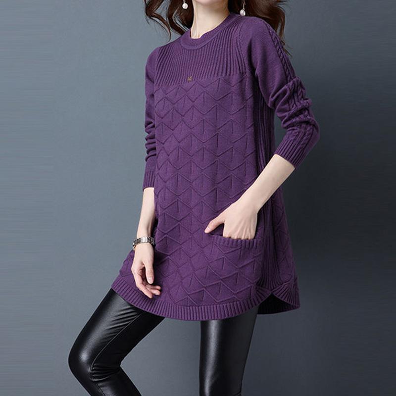 Mid-length Sweater Women Low Round Neck Spring and Autumn Korean Version of The Large Size Pullover Loose Knit Bottoming Shirt Sweater Skirt