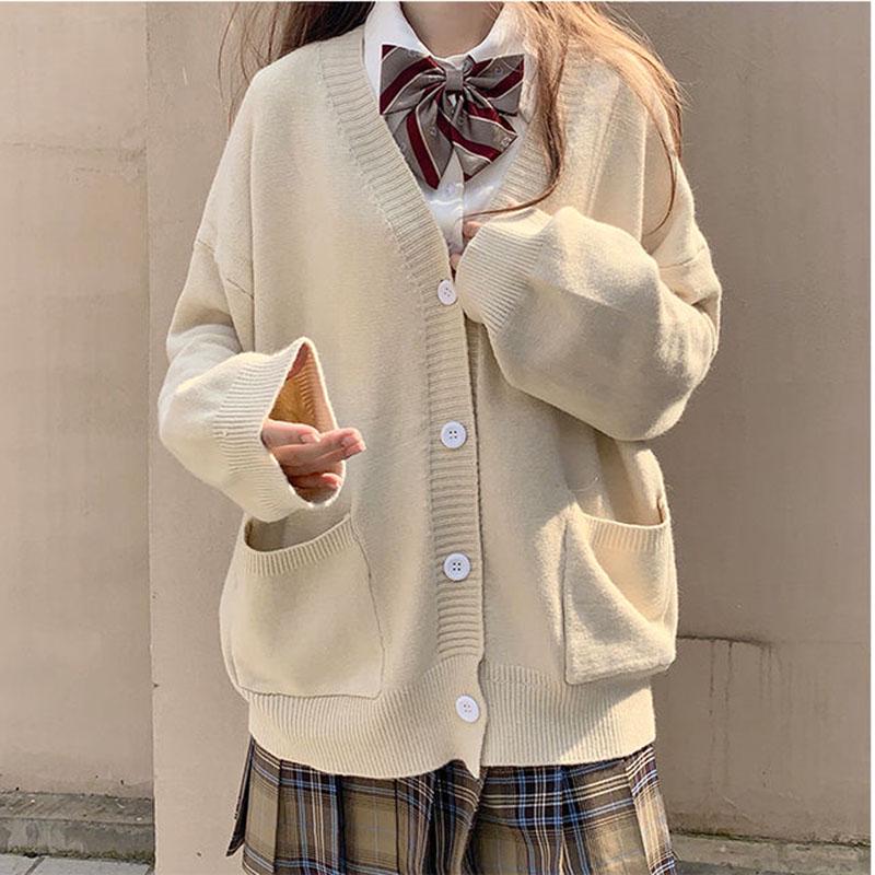 Homemade core-spun yarn v-neck JK uniform with sweater coat knitted cardigan loose lantern sleeve female autumn