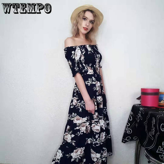 Woman Sexy One-shoulder Dress Long Retro Floral Elastic High-waist Dress Off-shoulder Party Dress