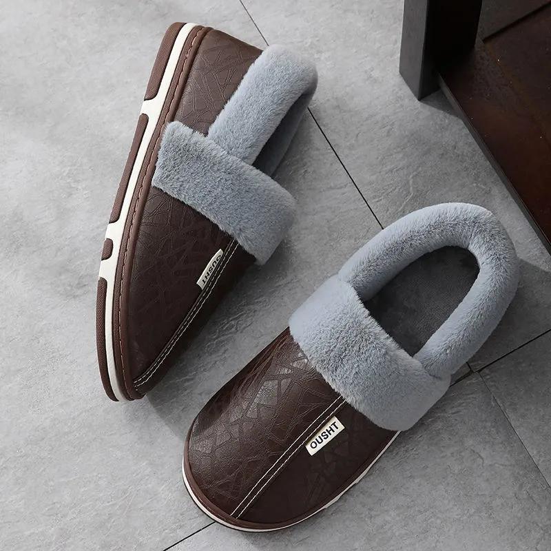 Bag Heel PU Leather Waterproof Winter Cotton Slippers Women's Indoor Household Non-slip Home Warm Cotton Shoes