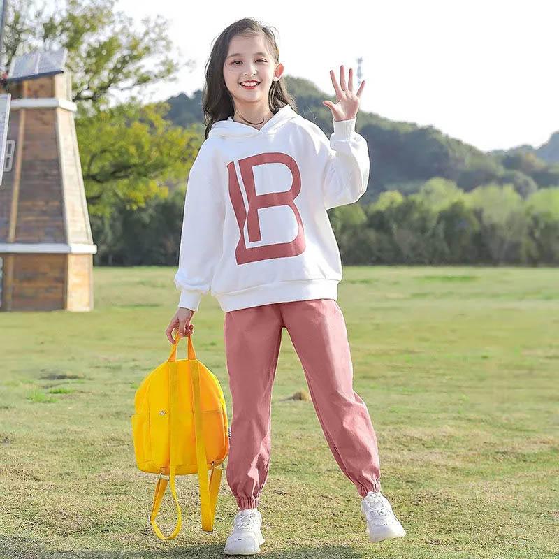 Girls Sports Set Spring and Autumn Hooded Pullover Long-sleeved Sweater Letter Printing Loose Trousers Casual Two-piece Set