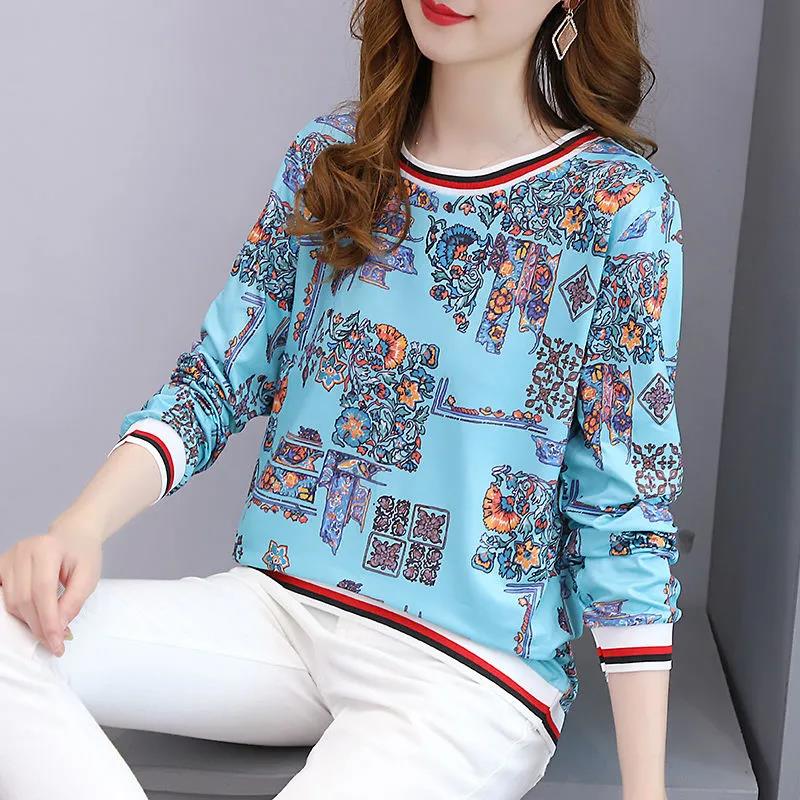 Spring and Autumn Women's Long Sleeve T-Shirt Large Size Loose Round Collar Versatile Tops Female Casual Printed Blouse