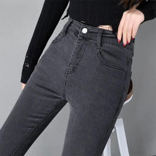 Women's High Waist Jeans Korean Style Black Pencil Pants Tight Elastic Smoke Gray Student Slim Magic Pants Long Pants