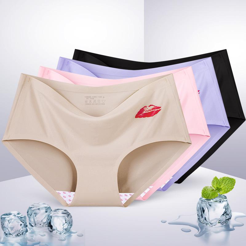 5Pcs/Set Women's Ice Silk Seamless Panties Ladies Cotton Crotch Mid Waist Hip Lift Briefs