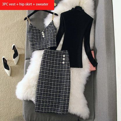 Knitwear Warm Base Women's Autumn and Winter Woolen Skirt Suit Three-piece Dress Vest Bag Hip Skirt Sweater Warm and Comfortable