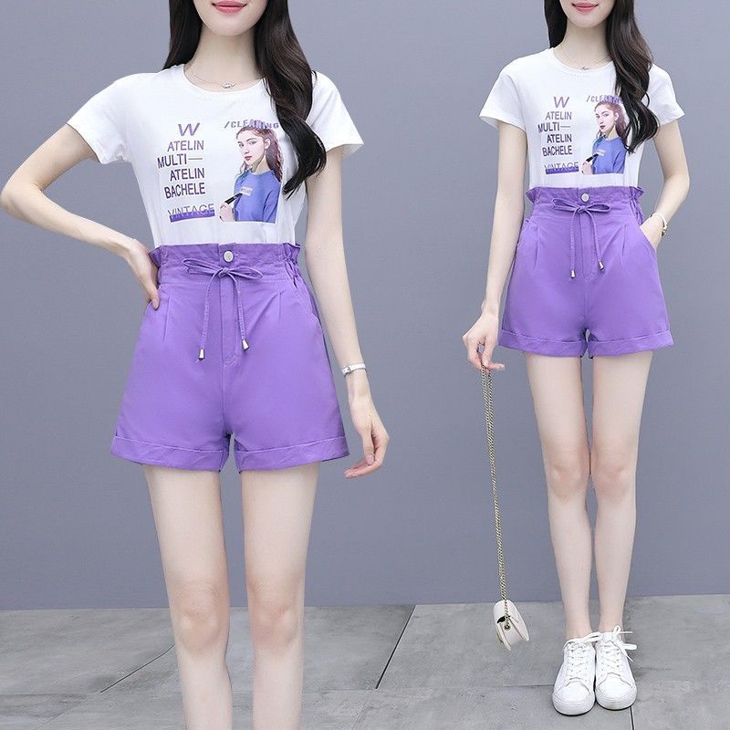 Casual Suit Women's Summer Cotton Printed Short-sleeved Cute Two-piece Round Neck Short-sleeved T-shirt Shorts Casual Suit