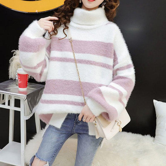 Autumn and Winter Mohair Loose Sweater High Neck Pullover Casual Top Thick Striped Women's Sweater