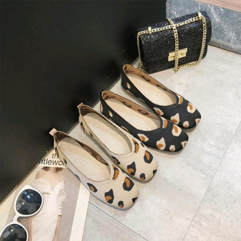 Leopard Print Knitted Shoes Knitted Flat Bottom Pointed Toe Breathable Woven Boat Shoes Soft Bottom Shallow Low Heel Single Shoes