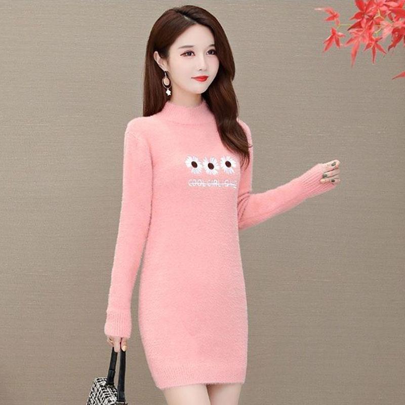 Autumn and Winter Mohair Knitted Sweater Half High Neck Thick Loose Bottoming Shirt Mid-length Casual Women Sweater Dress