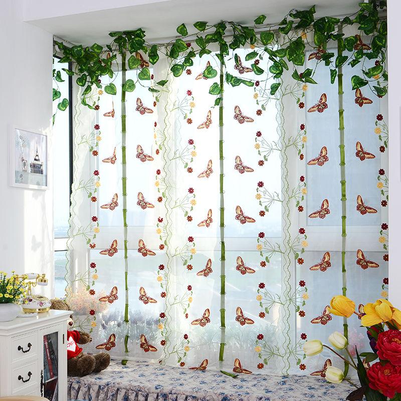 Romantic Butterfly Floral Voile Tulle Curtains Draw String  Door Window Curtain Balcony Panel Sheer Curtains