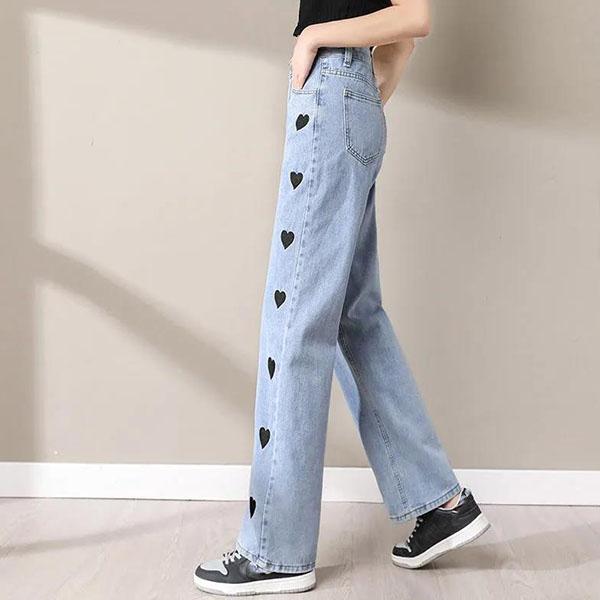 Women's Large Size Printed Long Jeans Female Casual Wide Leg High Waist Pants Loose Versatile Street Style Straight Pants