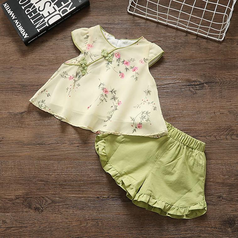 2PCS Children Clothing Set Spring Summer Tang Costume and Han Costume Girls Suits Printing Short Sleeve Tops + Pants Clothing Set