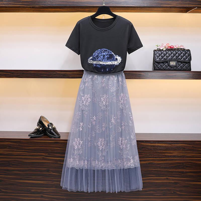 Fashion Summer Skirt Suit Women Embroidered Cotton T-shirt Printed Tulle Skirt Two-piece Suits