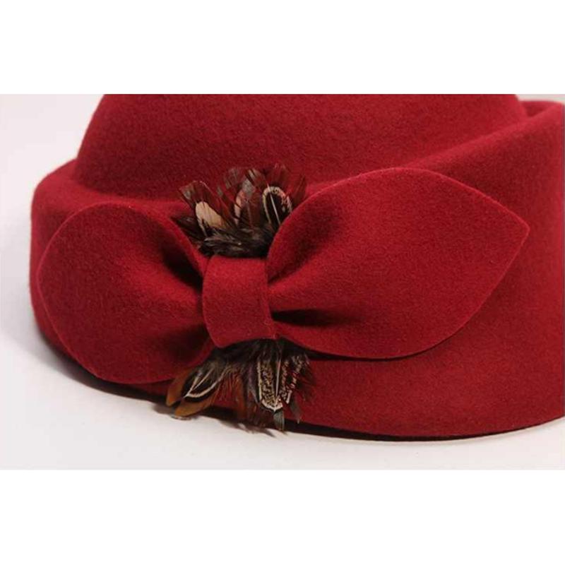 Women's Winter Elegant Hat Retro Vintage Feather Bow Woolen Beret Top Hat Simple Style All-match Round Bucket Beret Hat Fedoras