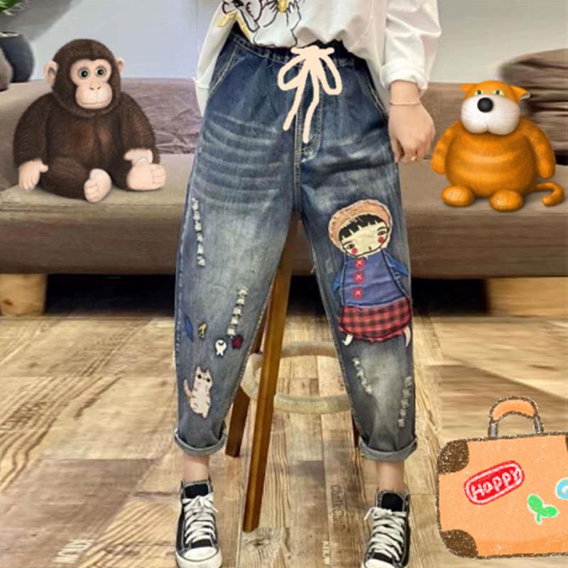 High Waist Jeans Ladies Loose Plus Size Spring and Autumn Students Elastic Waist Casual Ethnic Style Harem Pants Trousers Women