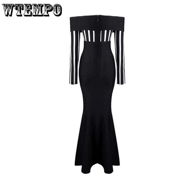 Slash Neck Dress Striped Women Long Sleeve Slim Evening Gowns Lady Cocktail Party Vestidos