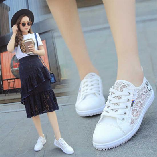 Summer Small White Shoe Canvas Shoe Lace Breathable Shoe Hollowed-out Flat Net Upper Shoe