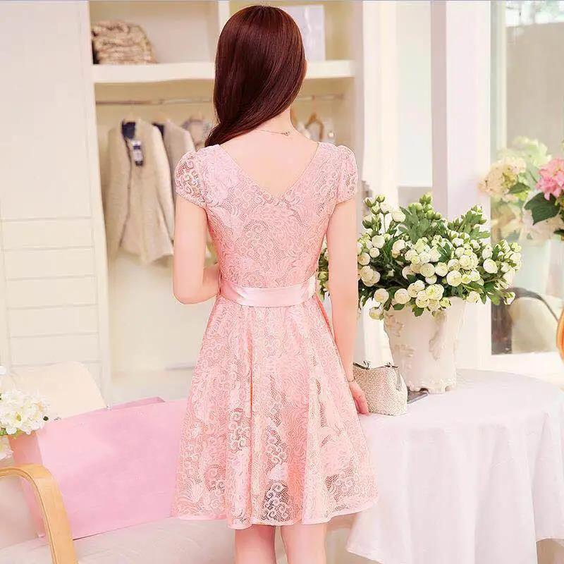 Women Vintage High Waist Super Fairy Holiday Dress Elegant Slim Lace Pleated Party Bow Dress