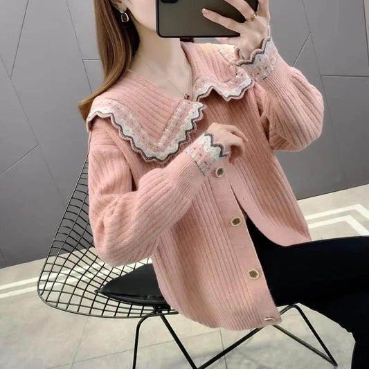 Autumn Knit Sweater Loose Sweet Doll Collar Sweater Cardigan Ladies Outer Vest Jacket Jacket