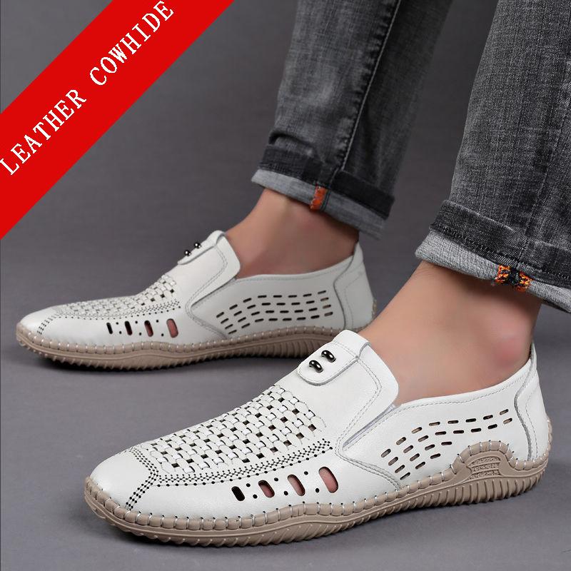 Leather Cowhide Hollow Leather Shoes Men's Summer Casual Shoes Breathable Soft Sole Outdoor Hole Shoes Men's Sandals