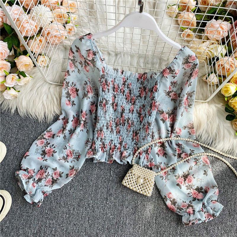 Retro Sexy Waist Top Floral Square Neck Chiffon Shirt Long Sleeve Temperament High Waist Short One-word Collar Off-Shoulder T-Shirt