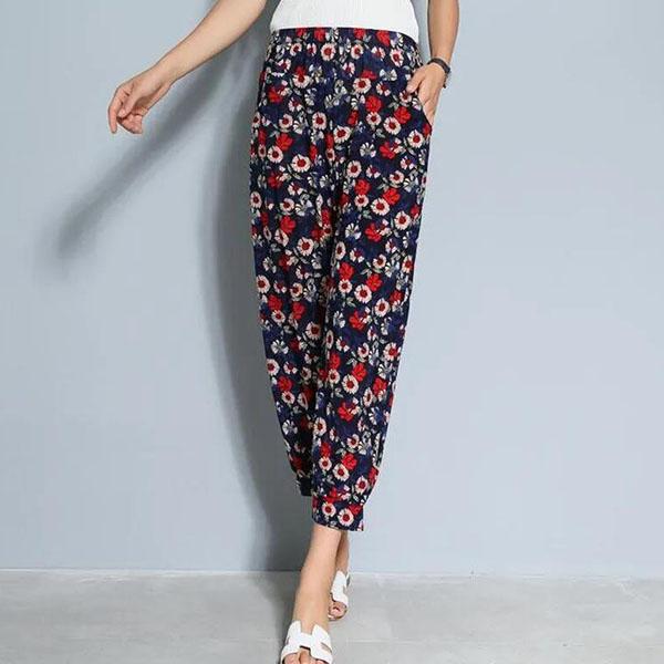 Women's Spring and Summer Plus Size Printing Long Pants Female Elastic Waist Loose Casual Thin Trousers