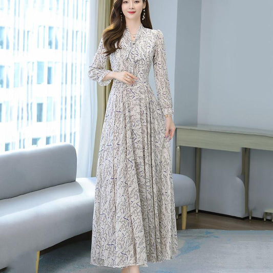 Chiffon Long Sleeve Dress Spring and Autumn Floral Chiffon Super Fairy Waist Beach Dress Long Skirt Fabric Lightweight Breathable