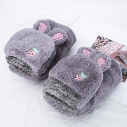 Cute Girl Winter Gloves Korean Student Warm Cute Rabbit Flip Open Finger Plush Plus Velvet Gloves