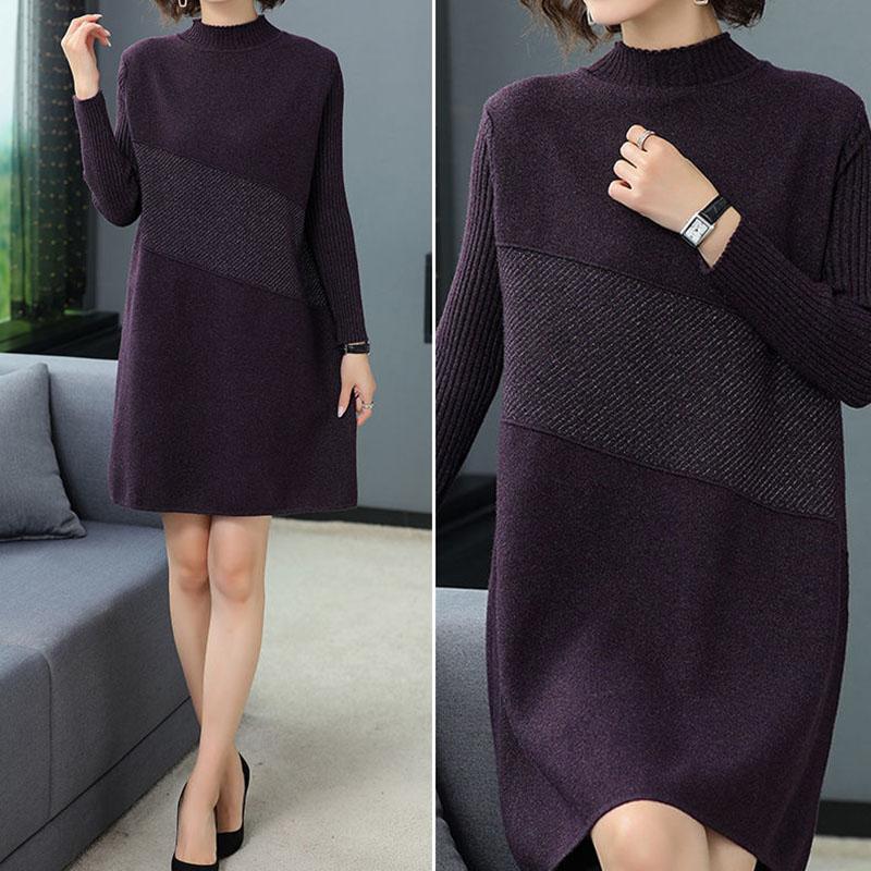 Autumn and Winter Plus Size Knitted Bottoming Skirt Simple Casual Dress Half High Collar Solid Color Middle-aged Women Sweater Dress