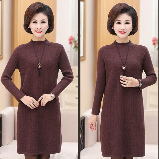 Mid-length Thick Dress In Autumn and Winter Pure Color Simple Casual Base Skirt Large Size Middle-aged Women's Sweater Skirt