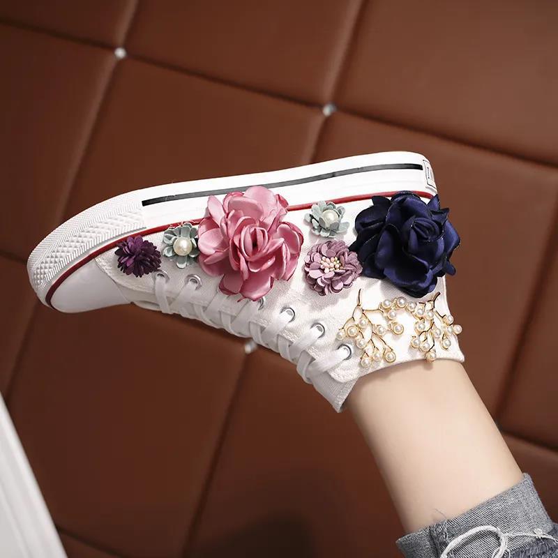 Popular Canvas Shoes Small White Shoes Women's High-top Handmade Custom Three-dimensional Flower Pearl Flat Casual Student Shoes