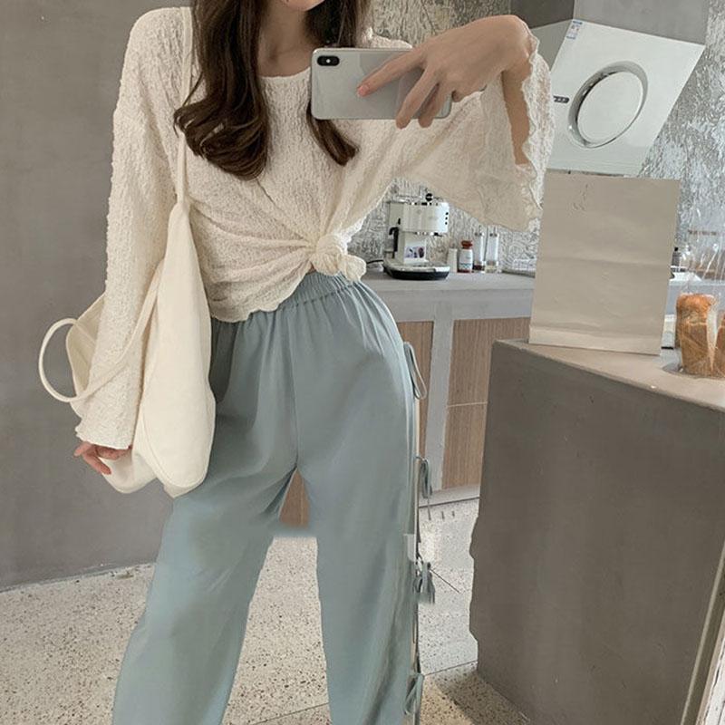 Fat Girl Casual Straight Pants Spring and Autumn Loose and Thin Large Size 200 Kg Casual Straight-leg Pants Pleated Lace-up Wide-leg Pants Women