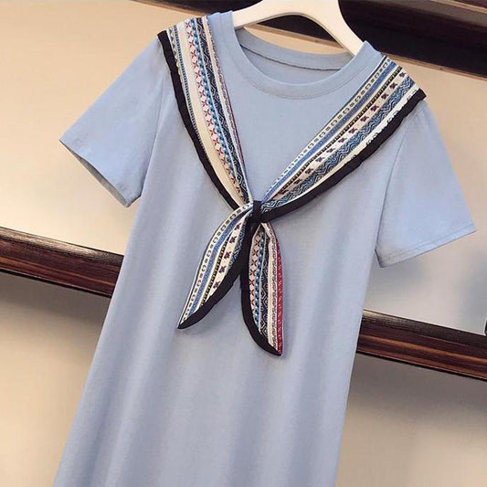 Women Summer Large Size Mid-length Dress Vintage Loose Short Sleeve Solid Color Casual A-line Dress