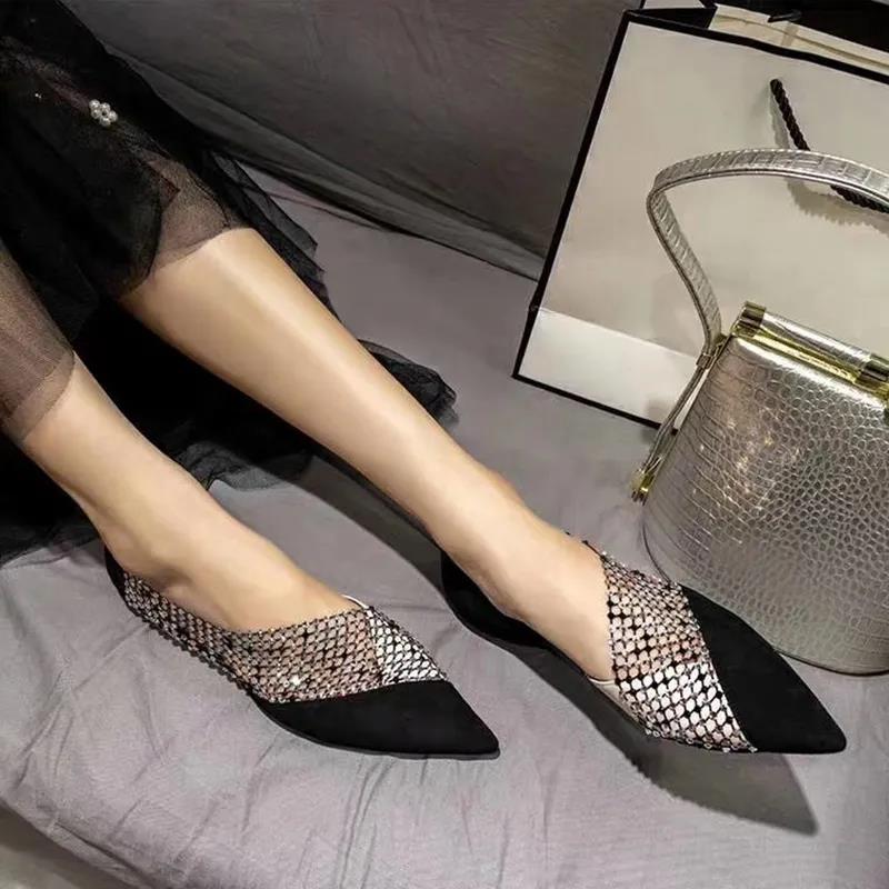 Women's Shoes Summer Sexy Side Hollow Flat Shoes Female Pointed Toe Baotou Rhinestone Hollow Single Shoes