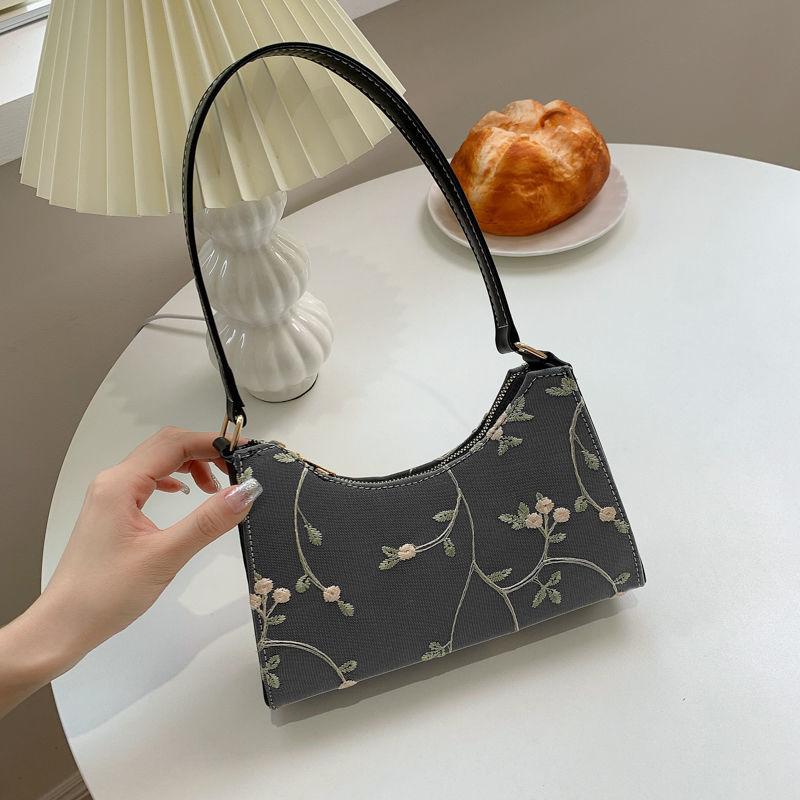 Lady Simple Hand Bag Baguette Bag Lace Flowers Pattern Armpit Bag for Women Shoulder Handbags