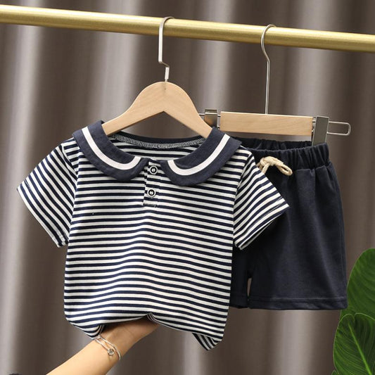 Summer Korean Short Sleeve Children's Suit Boys' and Girls' 0-4-year-old Turn-down Neck Striped T-shirt Shorts Two-piece Children's Suit