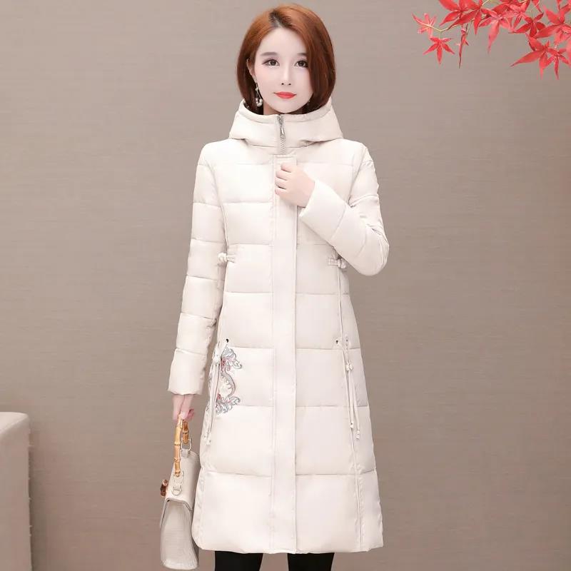 Winter Women's Mid-length Down Jacket Chinese Style Embroidered Slim Down Cotton Jacket Thick Warm Hooded Cotton Jacket