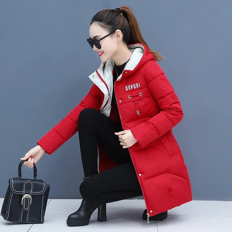 Winter Parkas for Women Mid-length Cotton Women's Down Coats Letter Print Jacket Hooded Medium Long Warm Thickning Coats Female Slim Outerwear