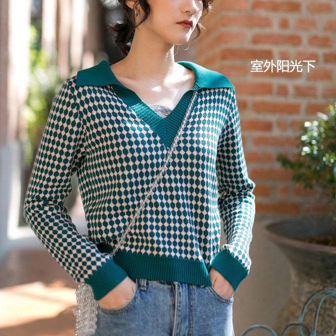 Vintage Rhombus Plaid Printed Sweater V-neck Short  Women's Slim Knit Sweater All-match Pullover Jumper  Top