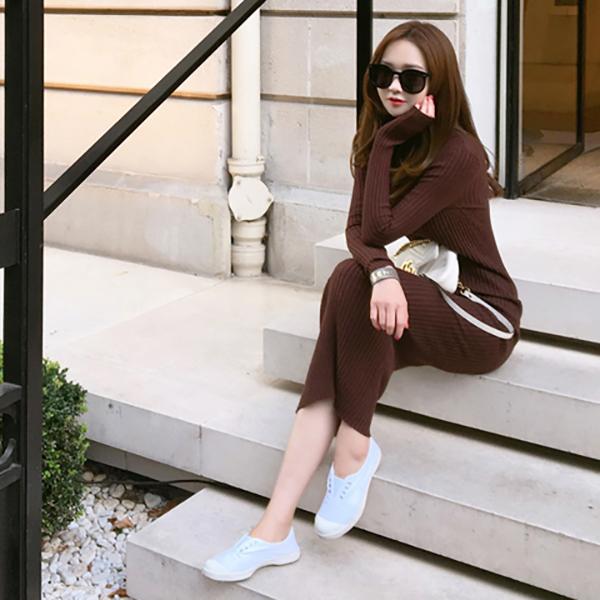 Autumn and Winter Fashion Super Long Women's Sweater Dress Over-the-knee Base Knitted Long V-neck Slim Dress