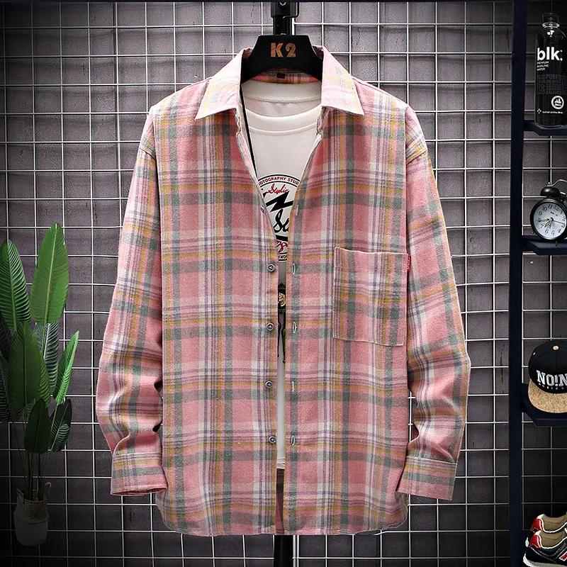 Spring and Autumn New Men's Shirts Loose Large Size Retro Plaid Long-sleeved Shirts Brushed Jackets Hong Kong Style Tops