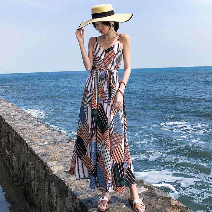 Pofulove Women V-neck Chiffon Dress Printed Sun-dresses Below The Knee Beach Vacation Beach Dress