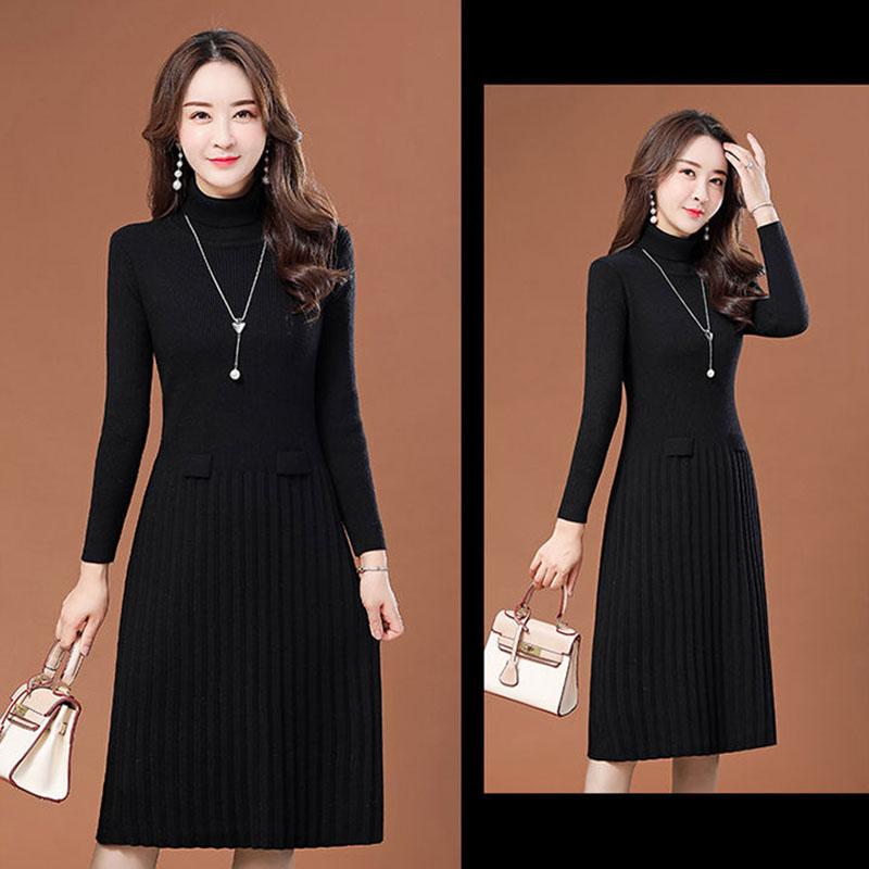 Autumn and Winter Pullover Turtleneck Sweater Skirt Mid-length Solid Color Casual Bottom Skirt Waist Knitted Women Sweater Dress