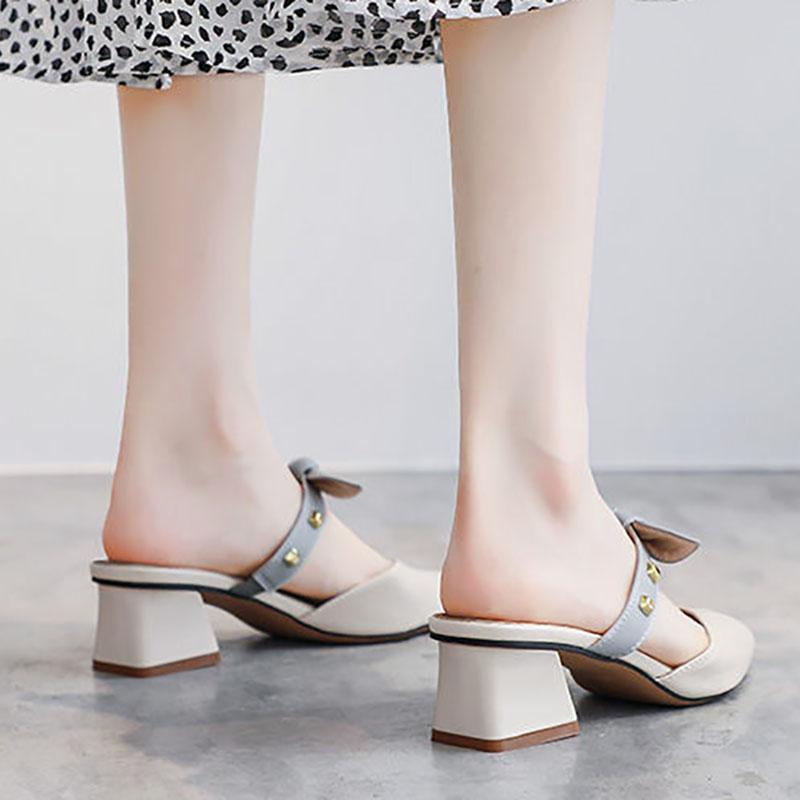 Half Slippers Female Spring All-match Thick-heeled Mid-heel Fairies Wear Small-heeled Skirt Sandals